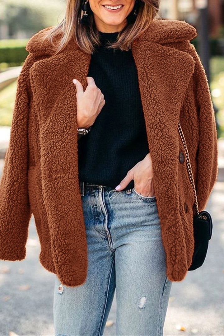 Long Oversized Faux Fur Fuzzy Teddy Bear Coat, Double Breasted Coat