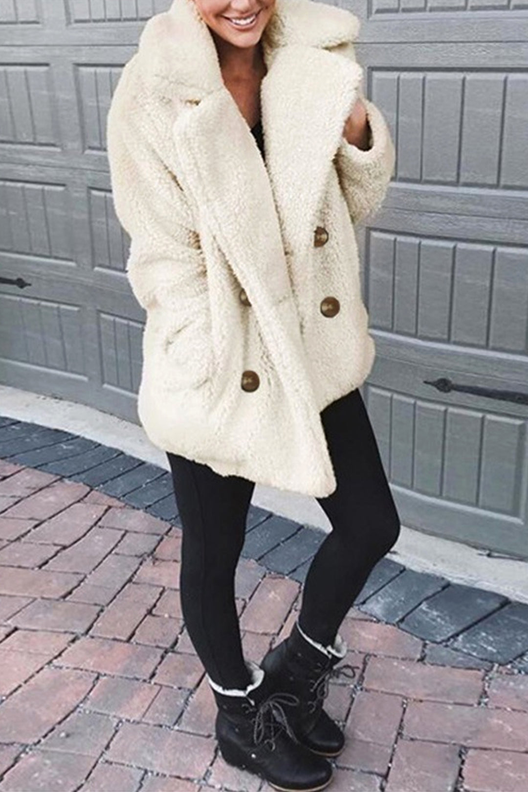 Long Oversized Faux Fur Fuzzy Teddy Bear Coat, Double Breasted Coat