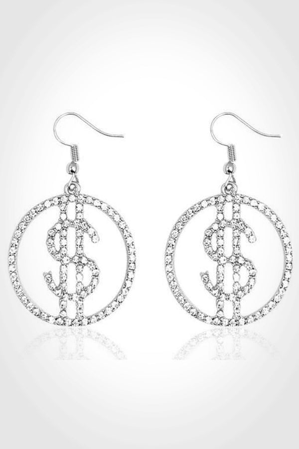 Dollar Symbol Rhinestone Crystal Drop Earrings - Hayati London