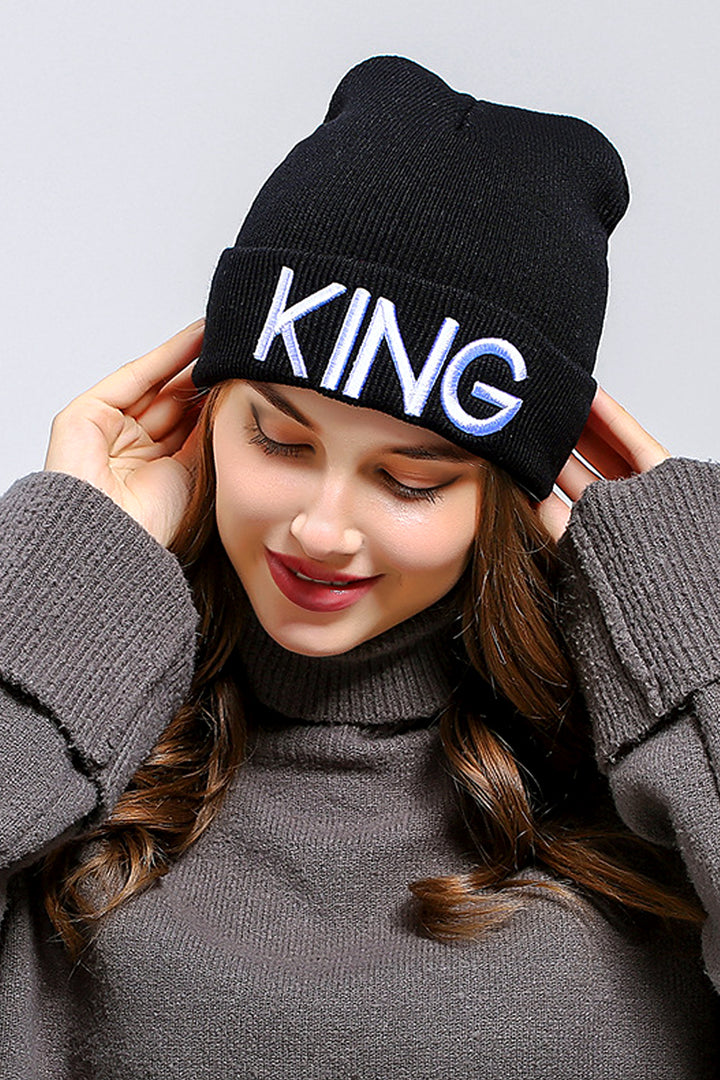 Black Graphic Wool Look Knit Beanie, 'King' & 'Queen' Lettering, Knitted Beanie Hat, Women's Winter Hat