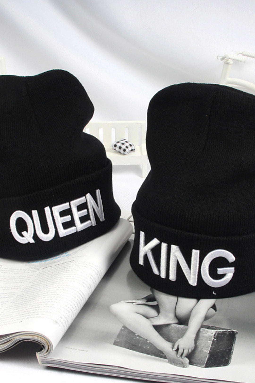 Black Graphic Wool Look Knit Beanie, 'King' & 'Queen' Lettering, Knitted Beanie Hat, Women's Winter Hat