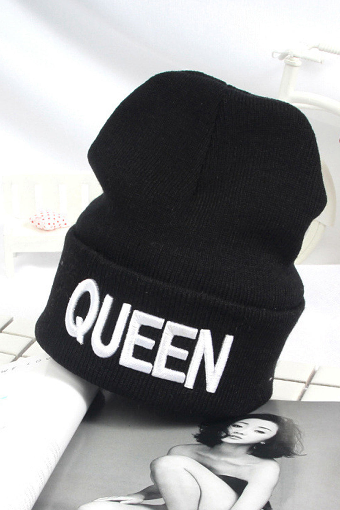 Black Graphic Wool Look Knit Beanie, 'King' & 'Queen' Lettering, Knitted Beanie Hat, Women's Winter Hat