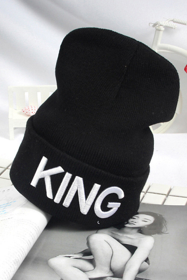 Black Graphic Wool Look Knit Beanie, 'King' & 'Queen' Lettering, Knitted Beanie Hat, Women's Winter Hat