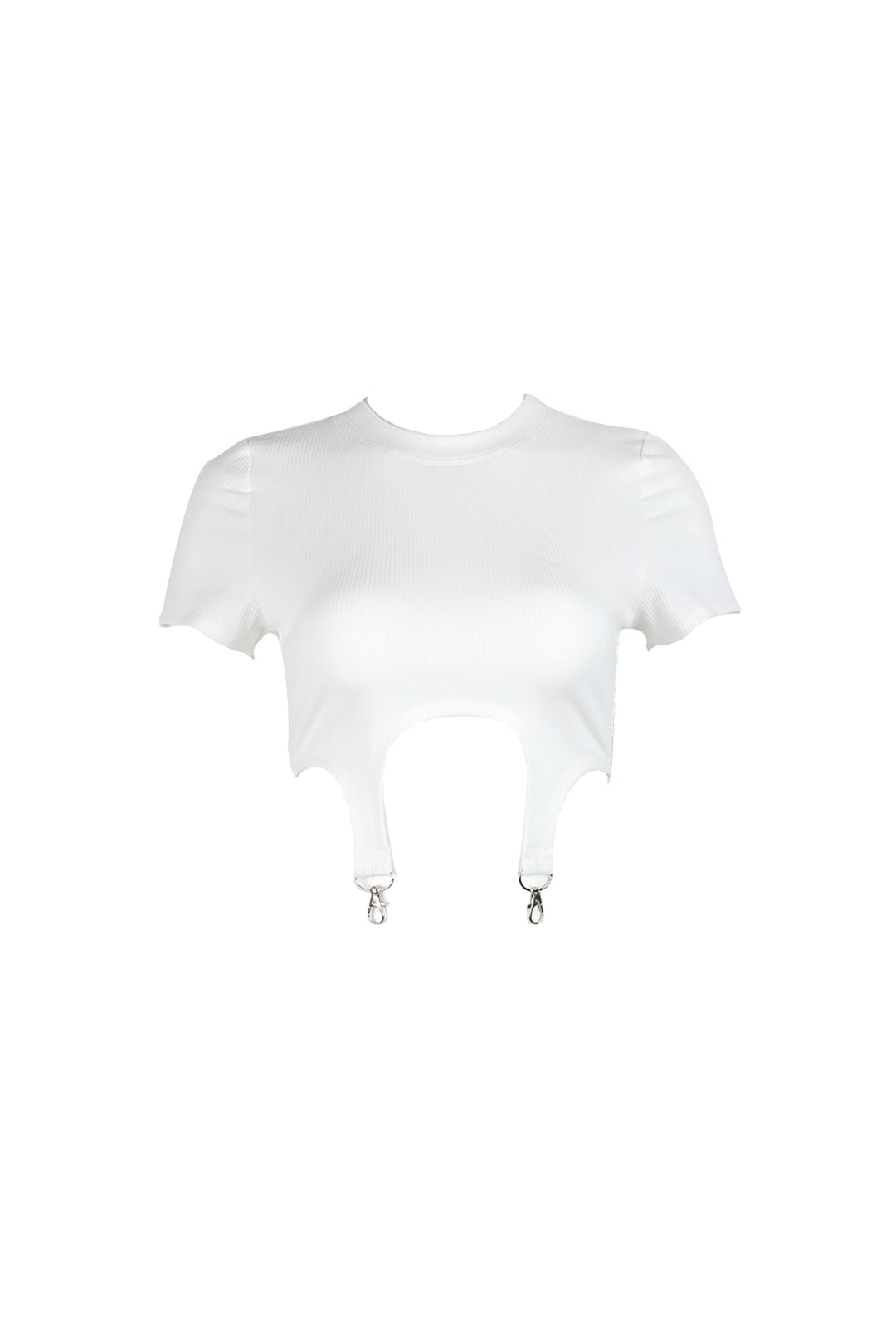 White Ribbed Knit Jersey Stirrup Hem Detail Crop Top, Short Sleeve High Neck Crop Top