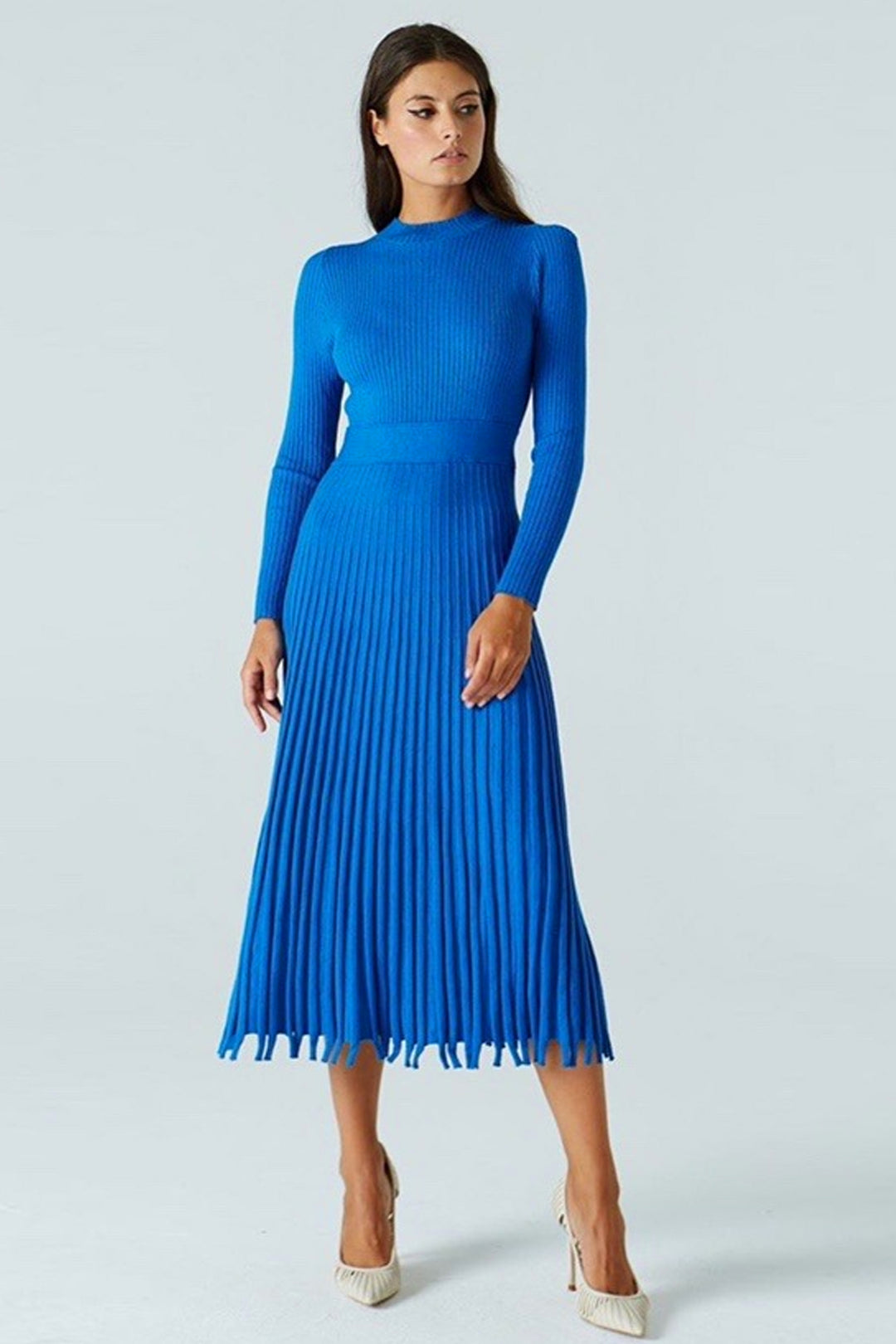 High Neck Ribbed Knit Pleated Midi Dress