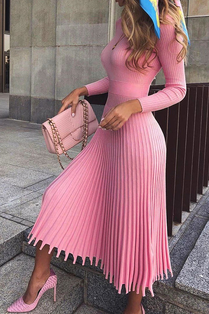 High Neck Ribbed Knit Pleated Midi Dress