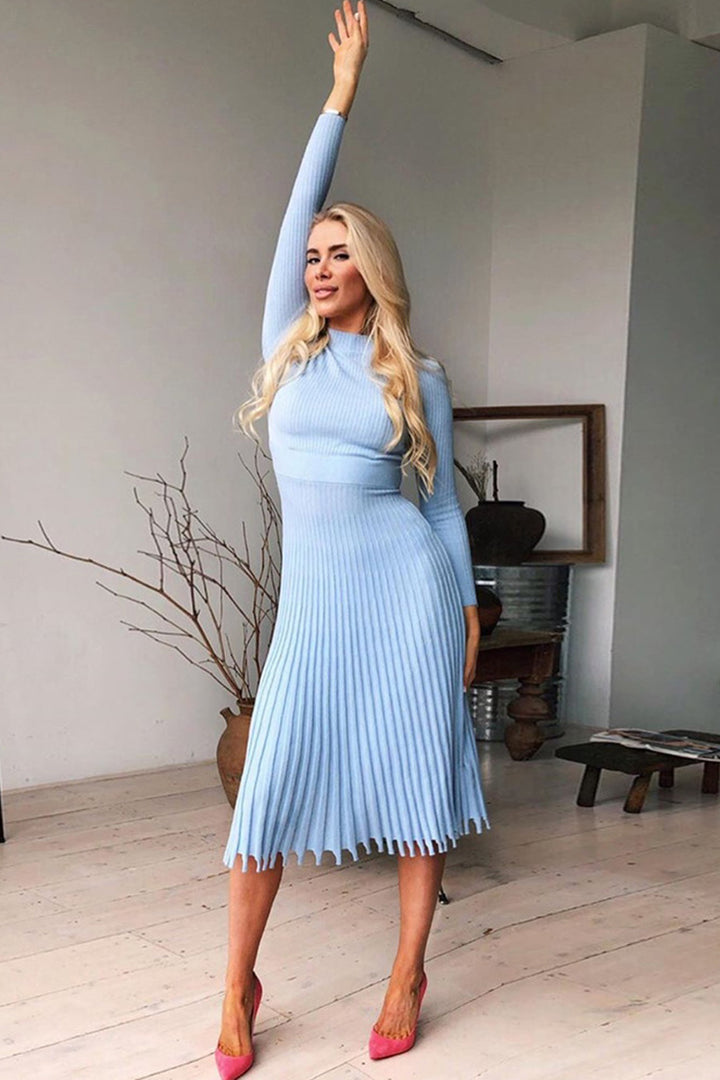 High Neck Ribbed Knit Pleated Midi Dress