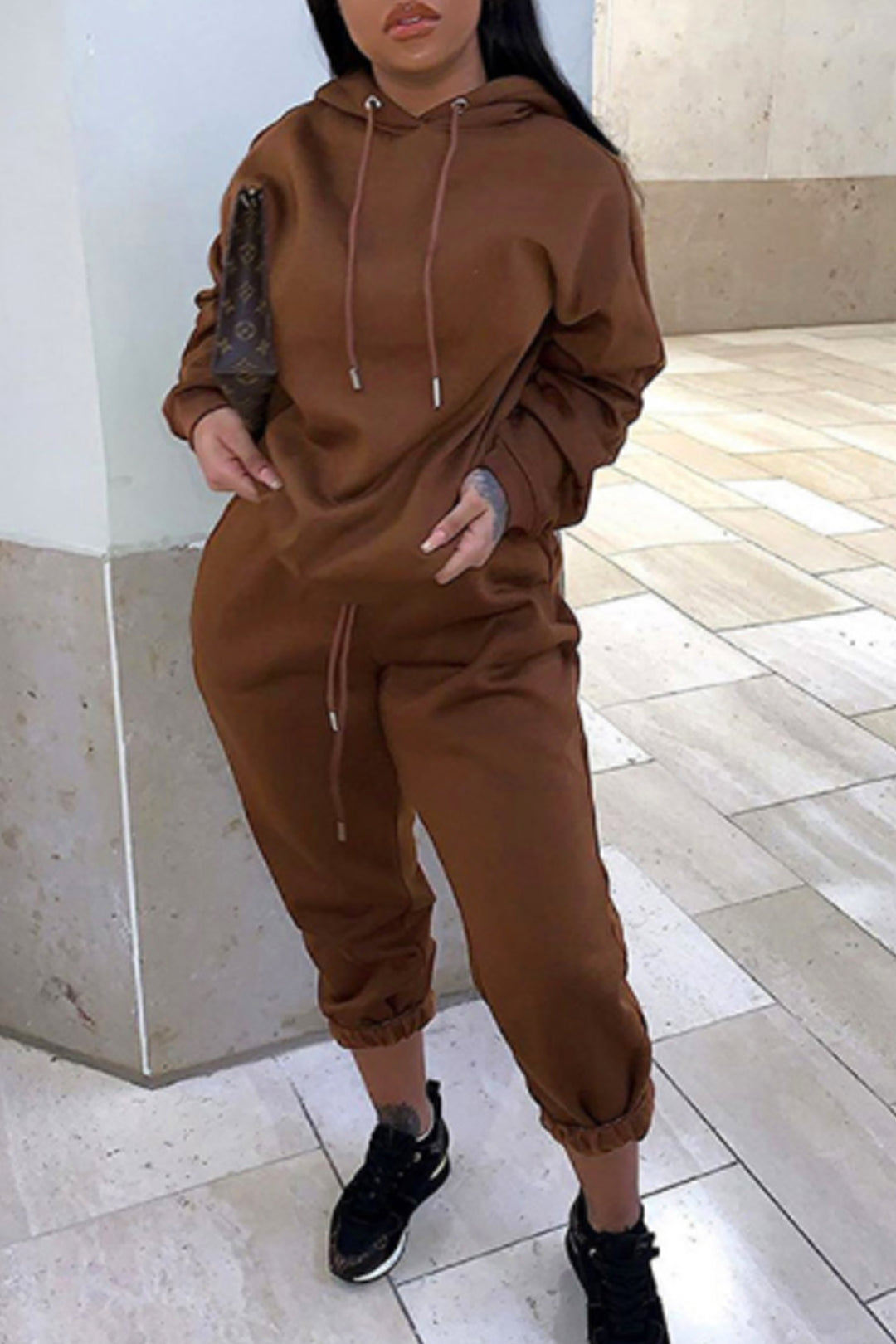 Co Ord Cropped Hoodie & Fleece Trousers Tracksuit Set, Oversized Hoodie Tracksuit Jogger Sweat Pants