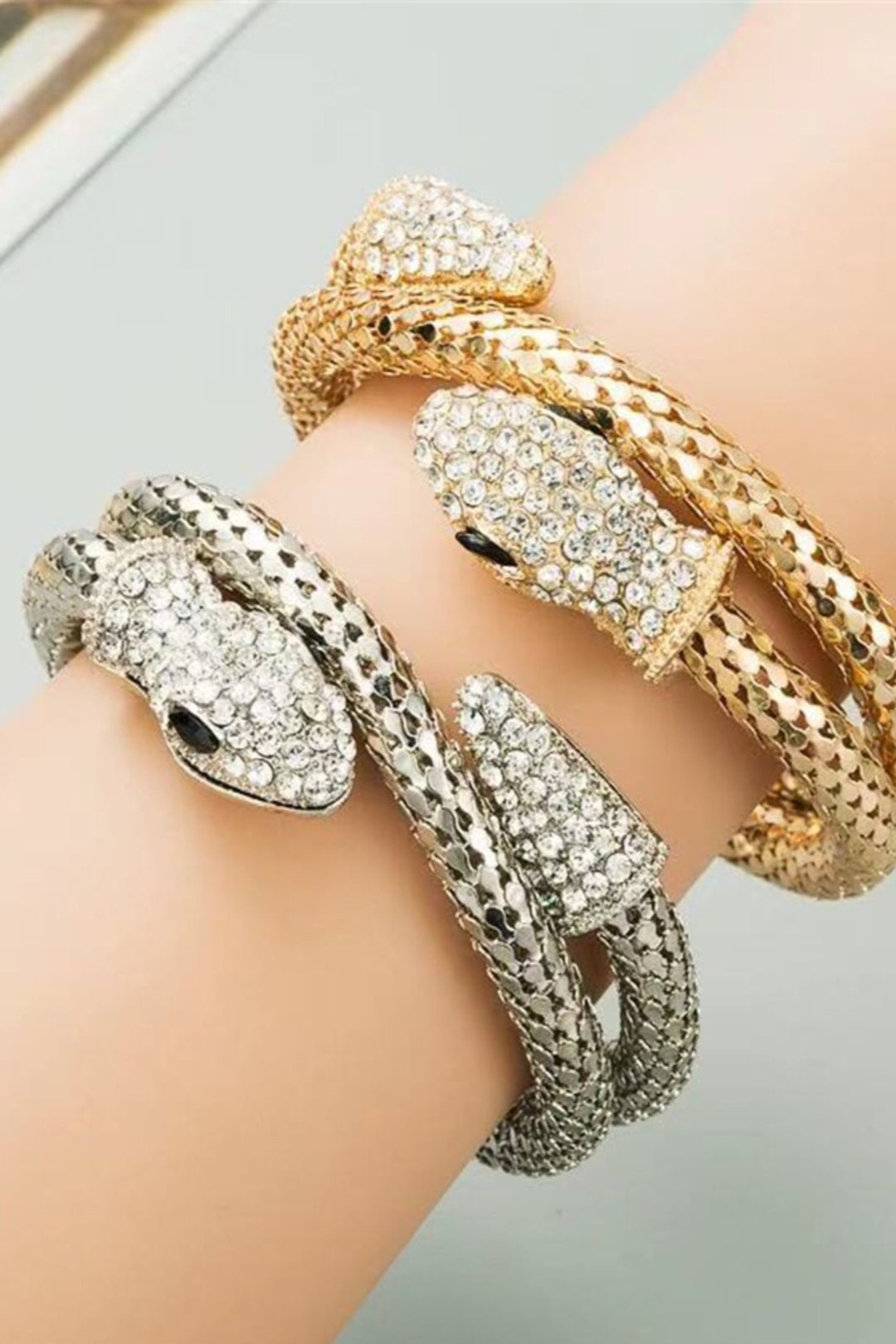 Serpent Sculptured Rhinestone Crystal Bracelet, Diamond Encrusted Wrist Band, Available in Silver & Gold (48 Hour Dispatch)