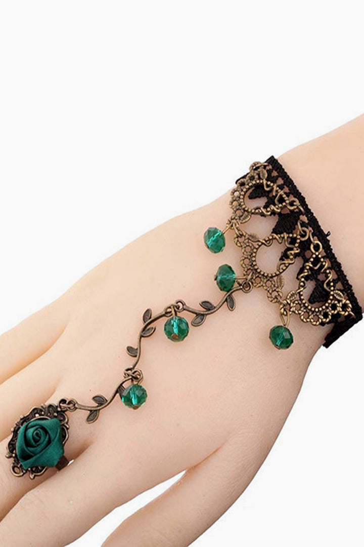 Lacy Floral Rose Emerald Green Rhinestone Decor Hollow Out Bracelet With Ring, Gold Metal Bracelet Ring Mittens