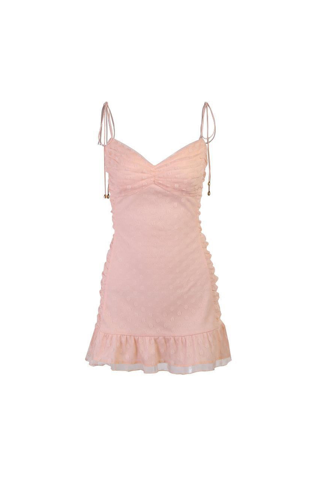 Polka Dot Ruched Ruffle Sleeveless Mini Dress, Spaghetti Straps, Available in Pink & Black