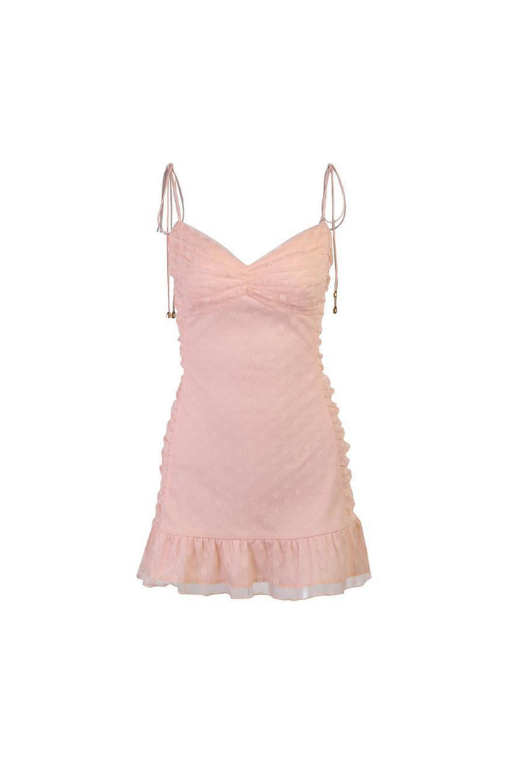 Polka Dot Ruched Ruffle Sleeveless Mini Dress, Spaghetti Straps, Available in Pink & Black