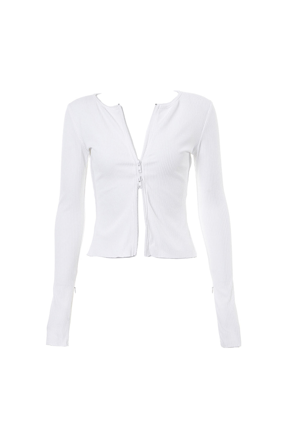 Two Way Zipper White Rib Knit Y2K Cardigan, Double Zip Long Sleeve Ribbed Sweater, White Crop Top