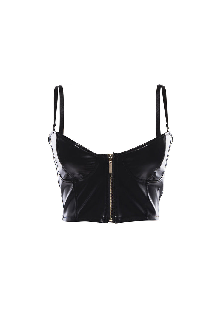 Black Vegan Leather Zip up Front Push Up Boned Corset Crop Top, Wired Bustier Crop Top, Artificial PU Crop Top