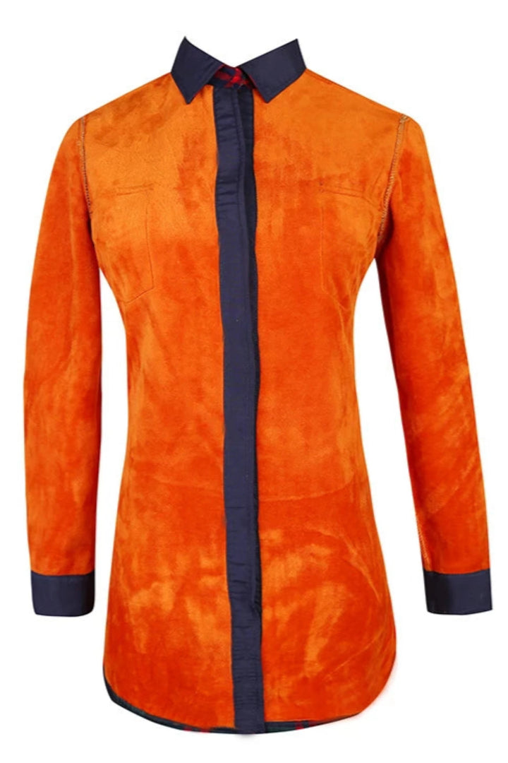 Invertible Orange Velour Interior Flannel Print Long Coat Jacket