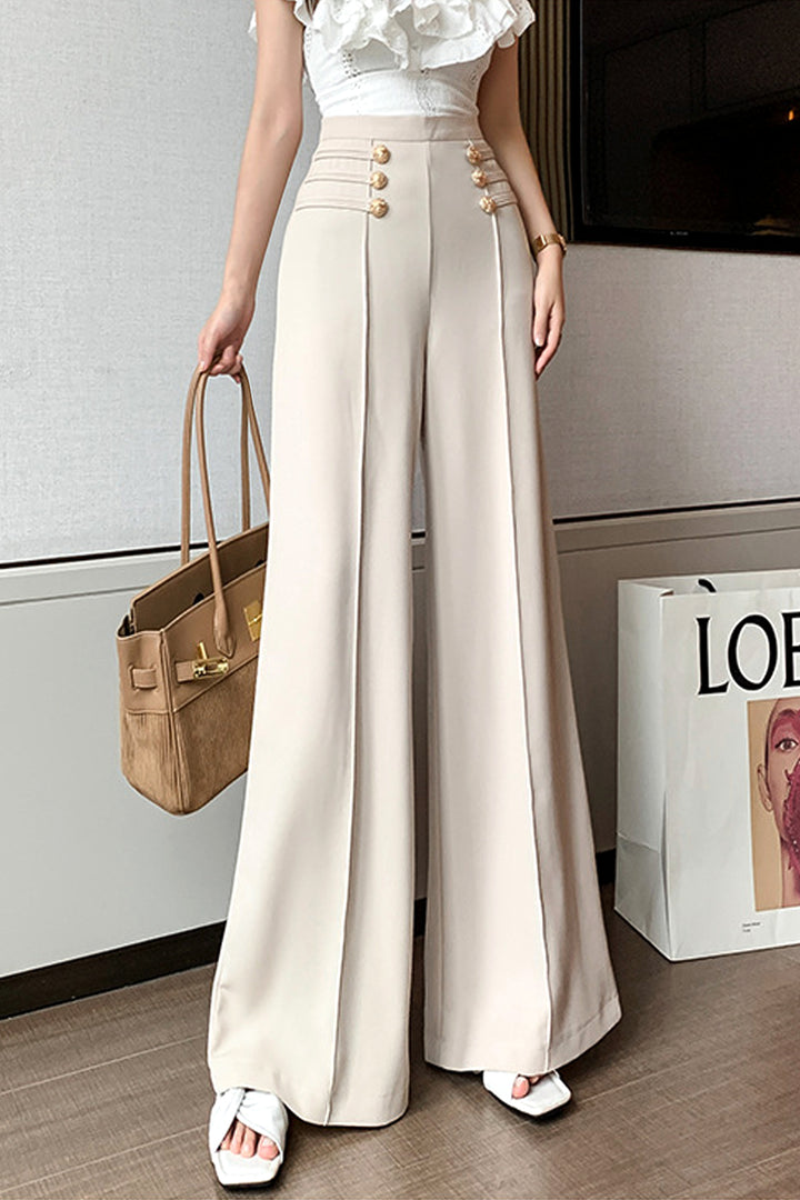 Flared Wide Leg Trousers, High Waisted Flare Leg Pants, Gold Button Detail