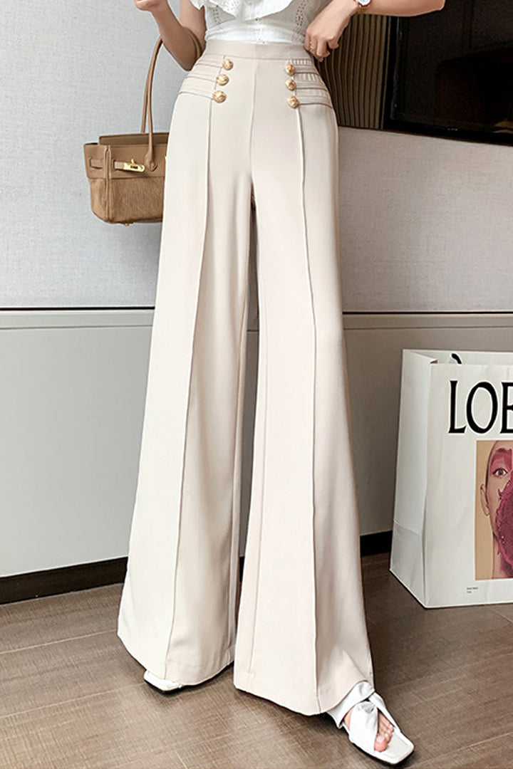 Flared Wide Leg Trousers, High Waisted Flare Leg Pants, Gold Button Detail