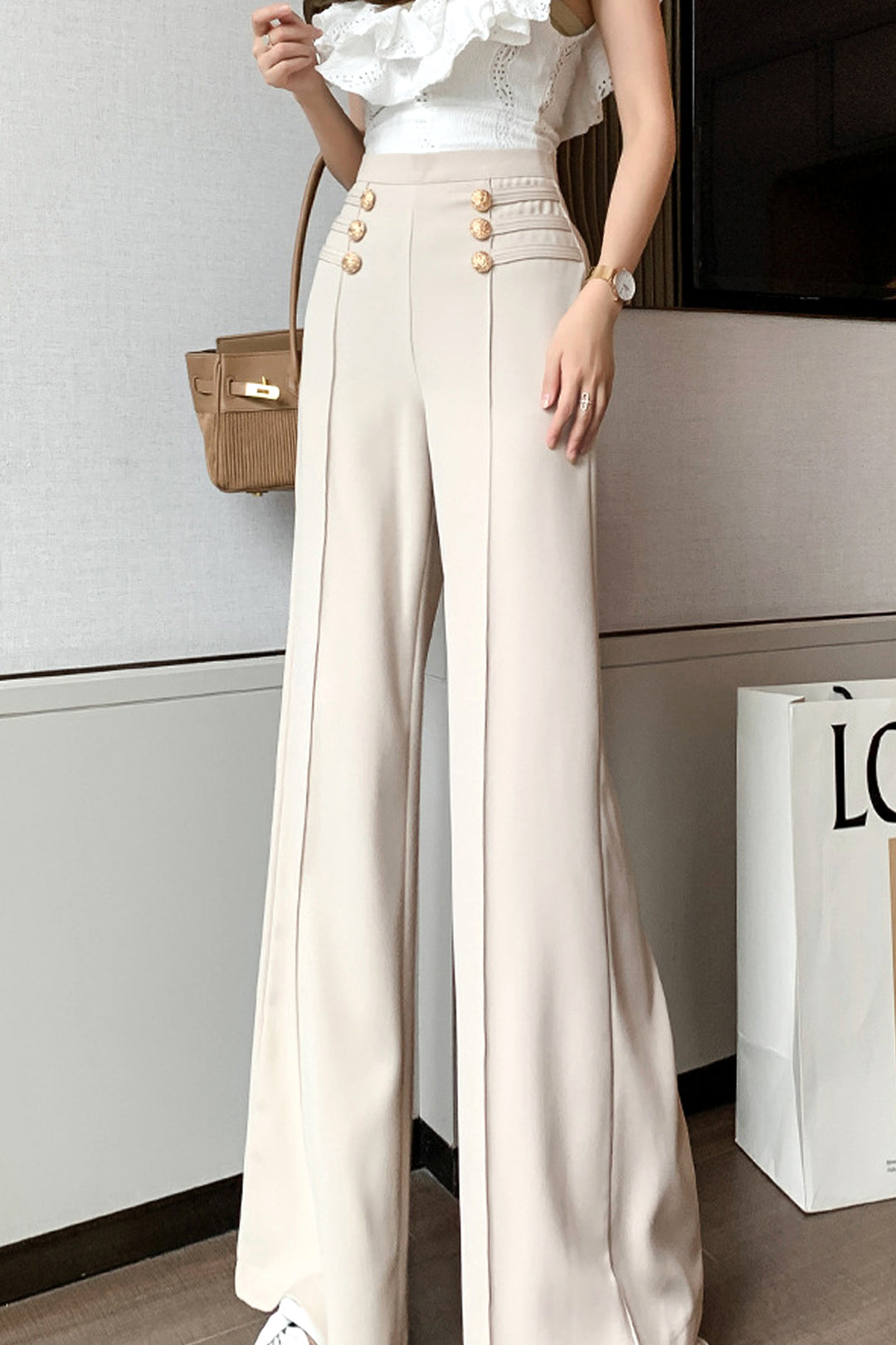 Flared Wide Leg Trousers, High Waisted Flare Leg Pants, Gold Button Detail