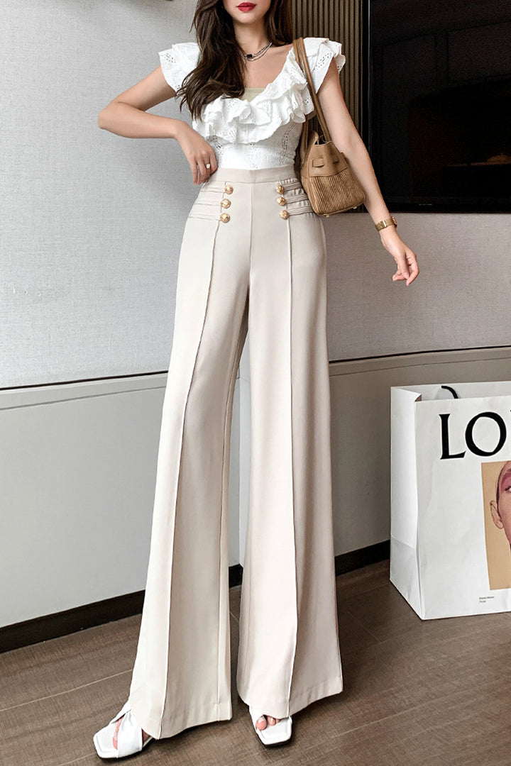 Flared Wide Leg Trousers, High Waisted Flare Leg Pants, Gold Button Detail