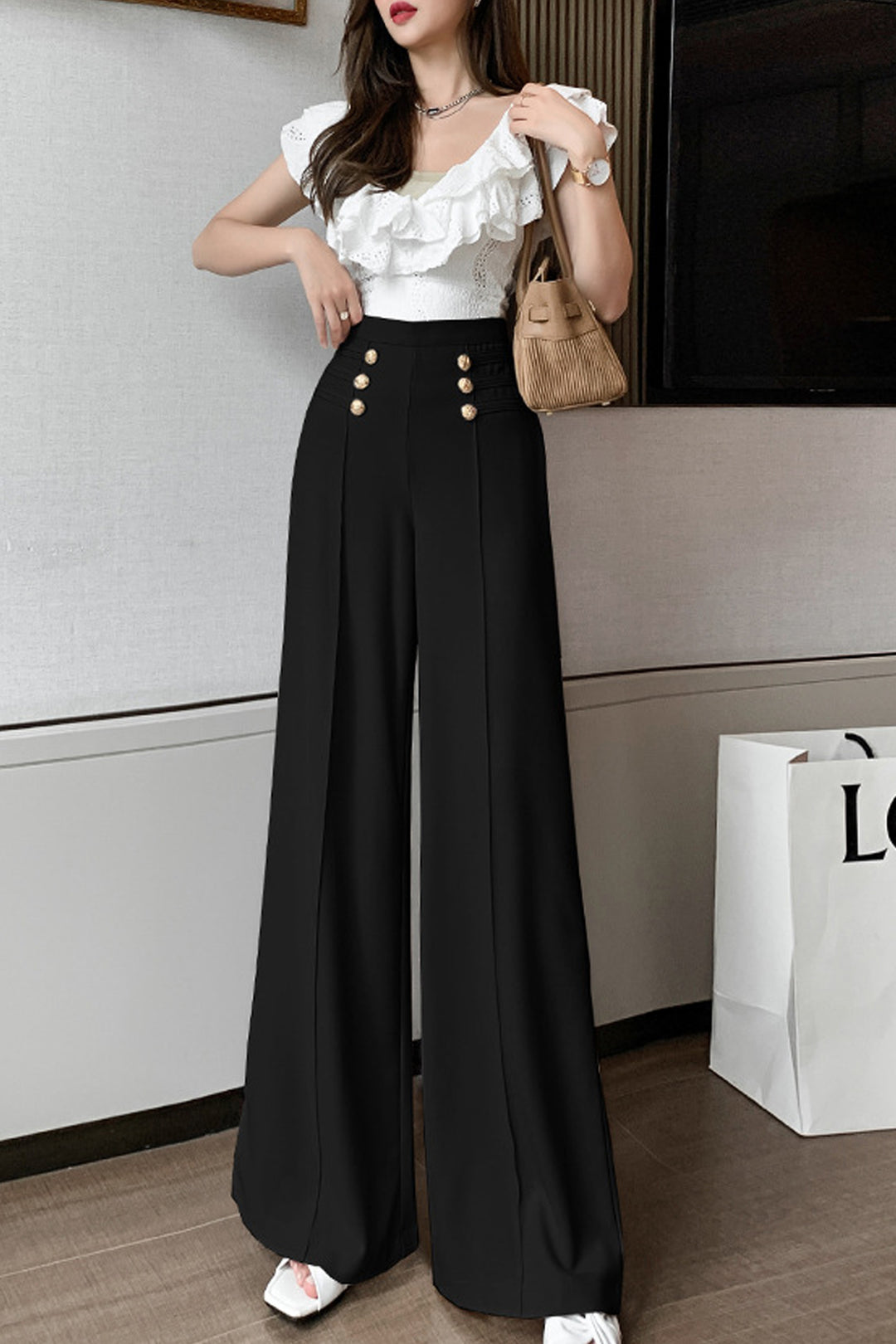 Flared Wide Leg Trousers, High Waisted Flare Leg Pants, Gold Button Detail