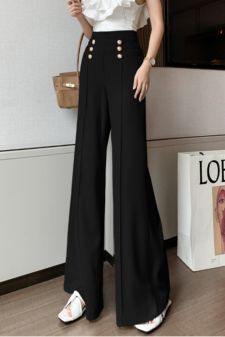 Flared Wide Leg Trousers, High Waisted Flare Leg Pants, Gold Button Detail