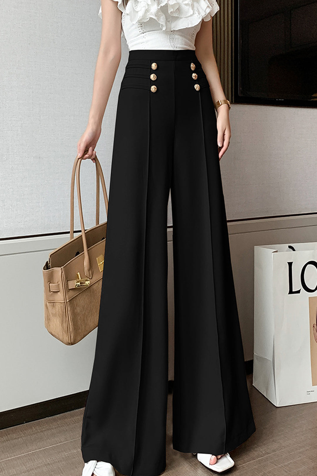 Flared Wide Leg Trousers, High Waisted Flare Leg Pants, Gold Button Detail