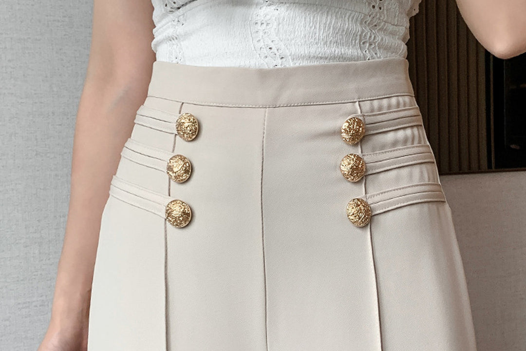 Flared Wide Leg Trousers, High Waisted Flare Leg Pants, Gold Button Detail