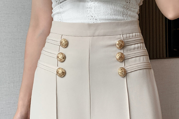 Flared Wide Leg Trousers, High Waisted Flare Leg Pants, Gold Button Detail