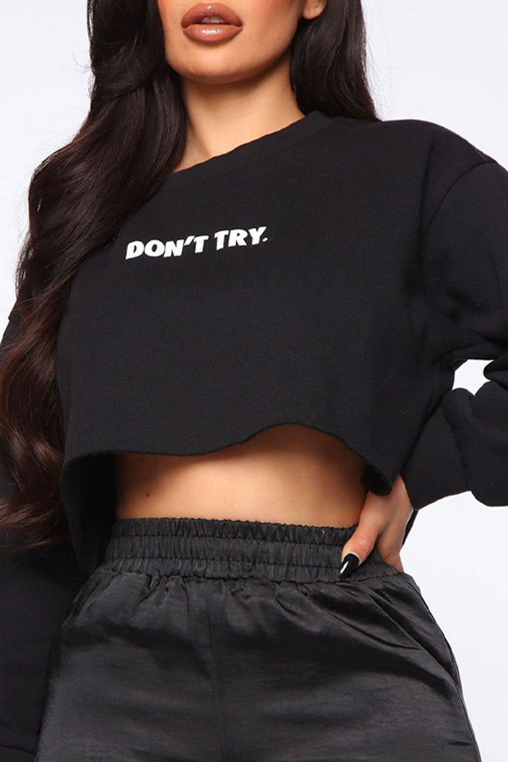 Black Oversized Graphic Crop Top, Long Sleeve Graphic 'DON'T TRY' Lettering Cropped Tee