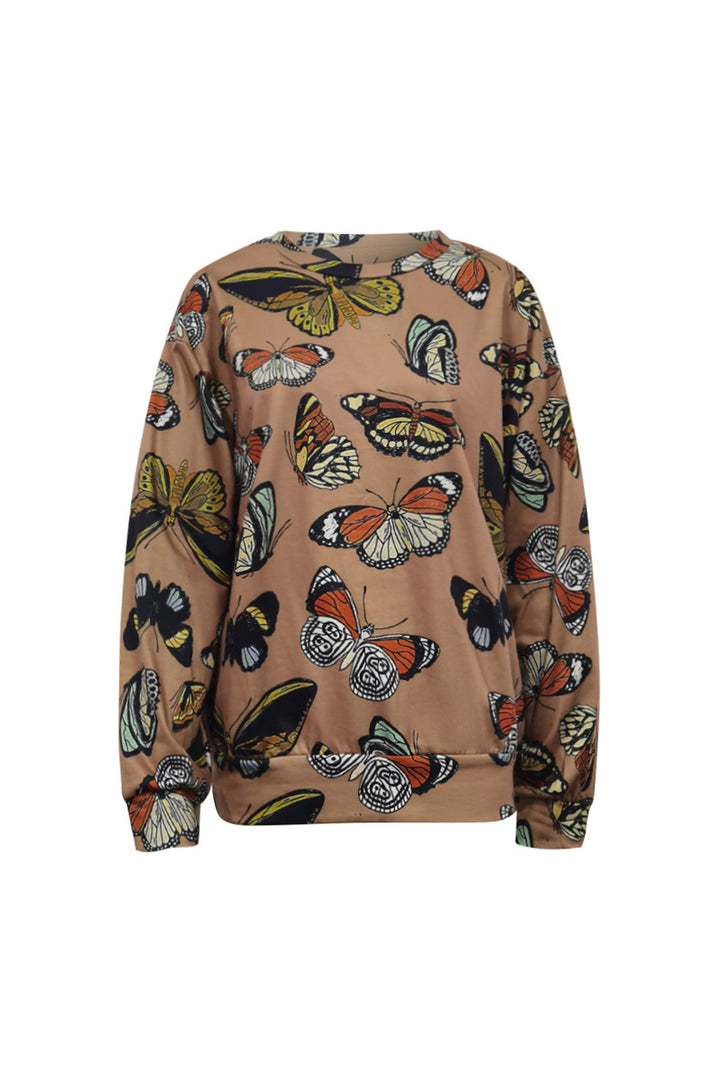 Y2K Beige Butterfly Print Fleece Jumper, Long Sleeve Baggy Fit Jumper Sweater Top