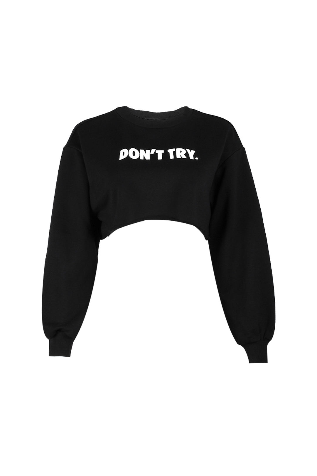 Black Oversized Graphic Crop Top, Long Sleeve Graphic 'DON'T TRY' Lettering Cropped Tee