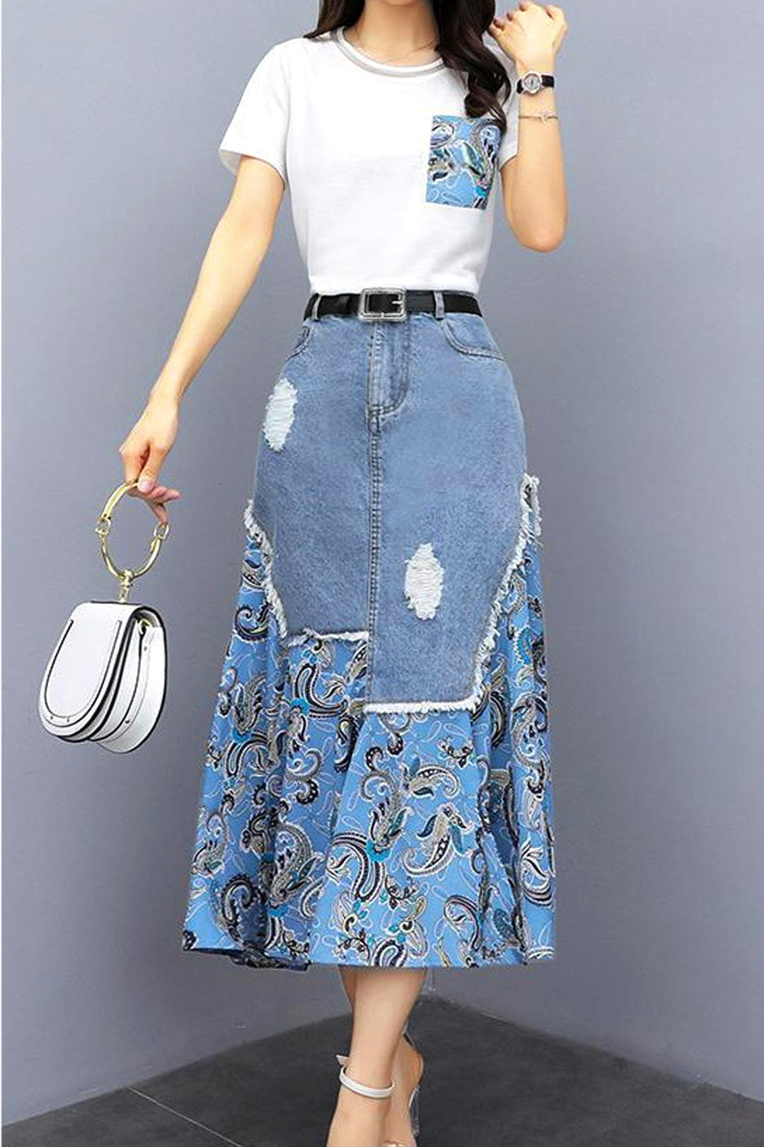 Co Ord Two Piece Set, Frayed Blue Denim & Mesh Patchwork Paisley Print Skirt, White Graphic Tee, Flared High Waisted Maxi Skirt