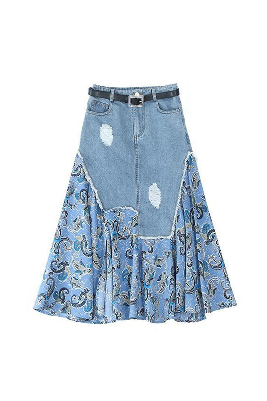 Co Ord Two Piece Set, Frayed Blue Denim & Mesh Patchwork Paisley Print Skirt, White Graphic Tee, Flared High Waisted Maxi Skirt