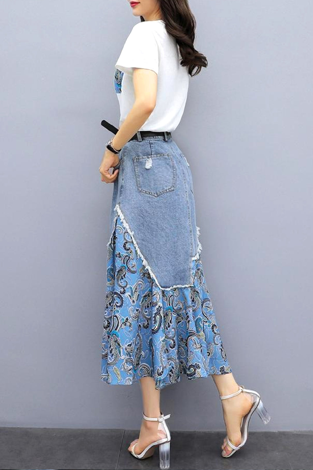 Co Ord Two Piece Set, Frayed Blue Denim & Mesh Patchwork Paisley Print Skirt, White Graphic Tee, Flared High Waisted Maxi Skirt