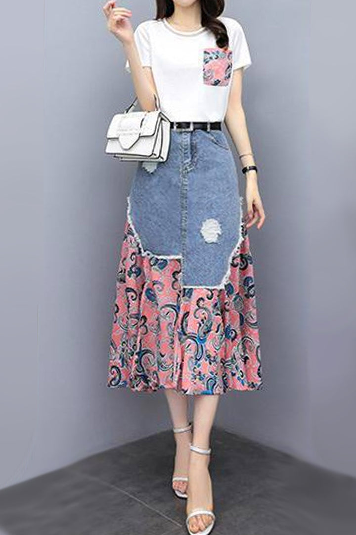 Co Ord Two Piece Set, Frayed Blue Denim & Mesh Patchwork Paisley Print Skirt, White Graphic Tee, Flared High Waisted Maxi Skirt