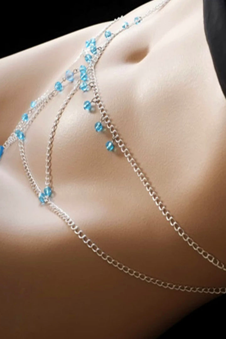 Y2K Blue Crystal Gemstone Decor Silver Belly Chain, Body Jewelry Metal Belly Waist Chain