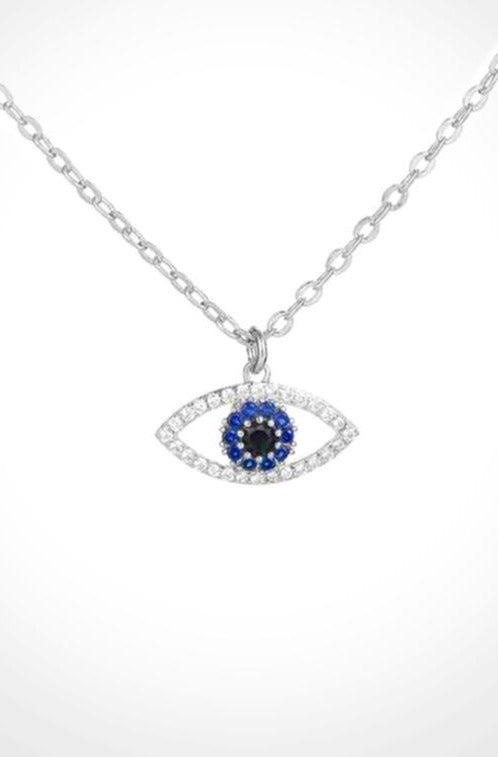 Cubic Zirconia Blue Eye Pendant Necklace, Silver finish - Hayati London