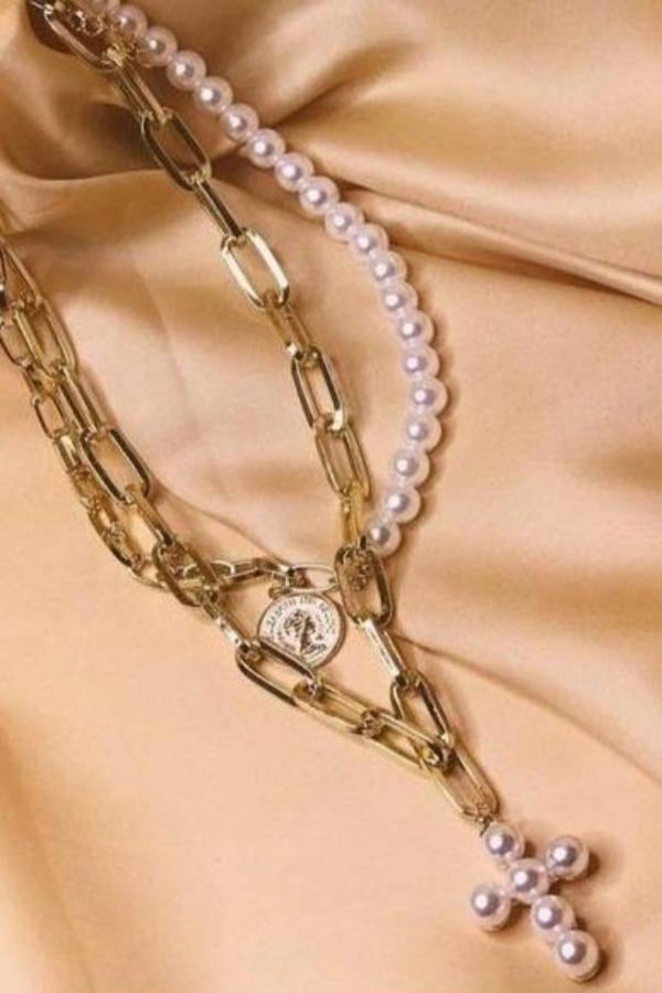 Beautiful Cross with Pearl detail layered Necklace, Gold finish - Hayati London