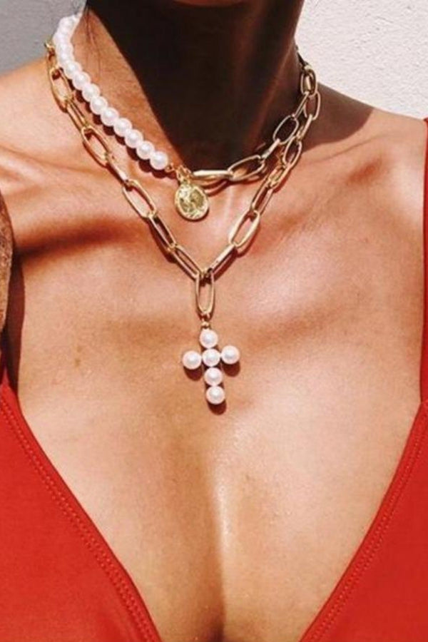 Beautiful Cross with Pearl detail layered Necklace, Gold finish - Hayati London