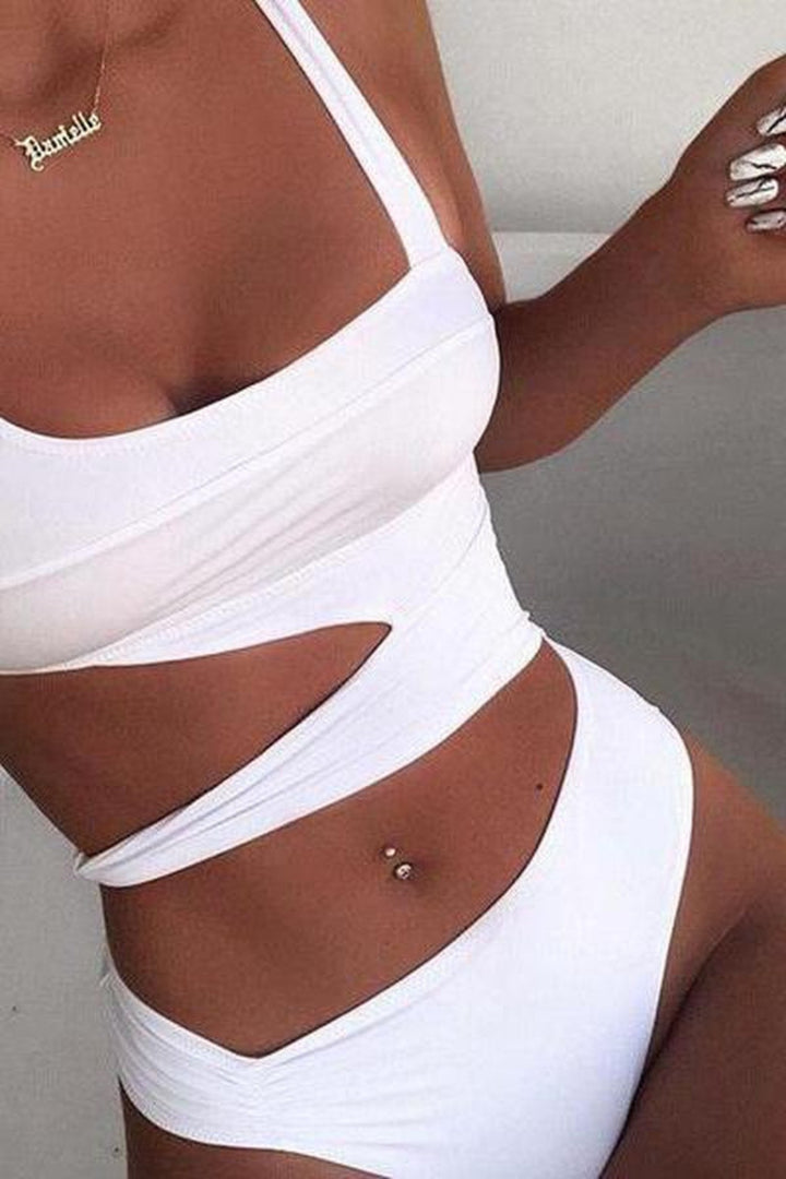 Bikini, Ladies Stylish Modern Swimwear, White, Black Cut-out Style, Swimsuit, Swimming Costume [Please size guide pic] - Hayati London