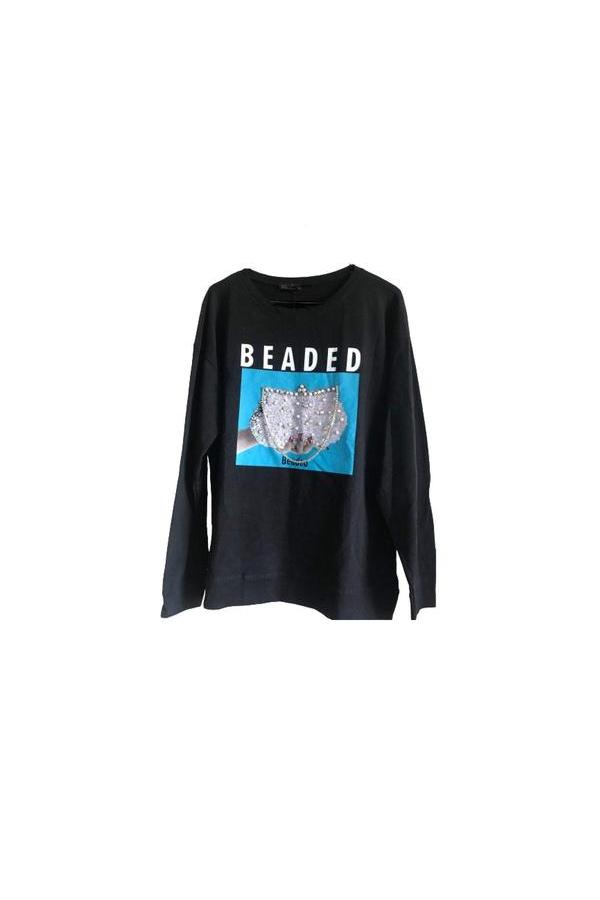 Beaded Babe Rhinestone Sequin Oversized Long Sleeve Graphic Tee - Hayati London