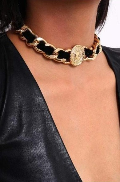 Chunky Twist Chain Choker, Necklace, with Coin Pendant. Gold and Black finish. Perfect Gift for that Special Person. - Hayati London