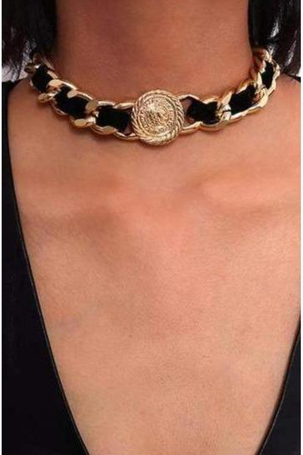 Chunky Twist Chain Choker, Necklace, with Coin Pendant. Gold and Black finish. Perfect Gift for that Special Person. - Hayati London