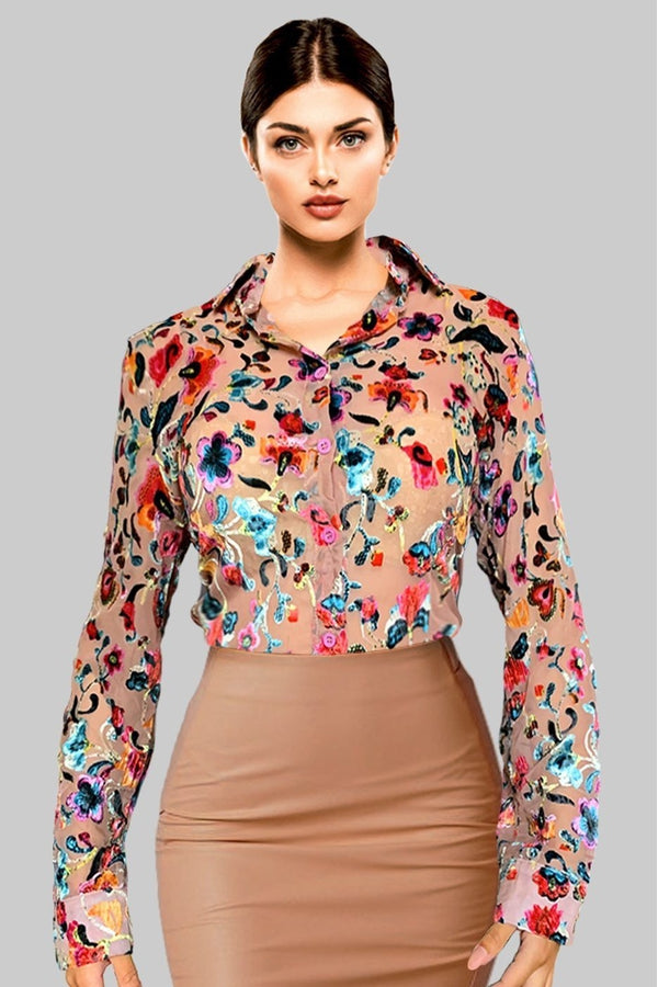 Peach Flower Chiffon Mesh Long Sleeve Shirt - Hayati London