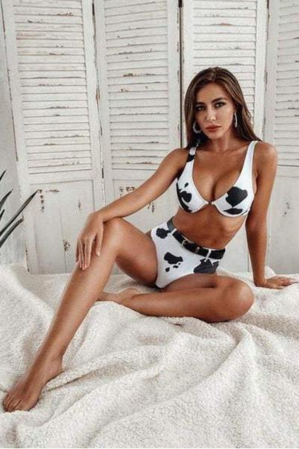 Cow Print Black and White Bikini, Swimwear, Swimming Costume - Hayati London