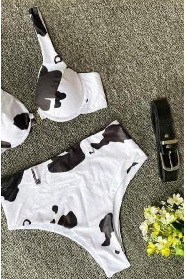 Cow Print Black and White Bikini, Swimwear, Swimming Costume - Hayati London