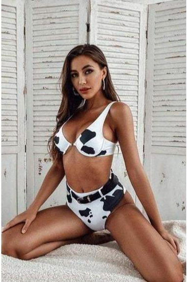 Cow Print Black and White Bikini, Swimwear, Swimming Costume - Hayati London