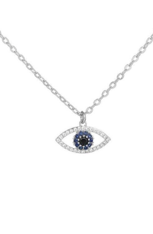 Cubic Zirconia Blue Eye Pendant Necklace, Silver finish - Hayati London