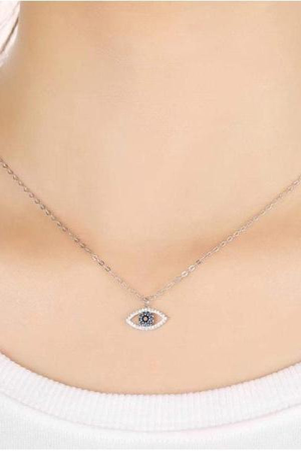 Cubic Zirconia Blue Eye Pendant Necklace, Silver finish - Hayati London