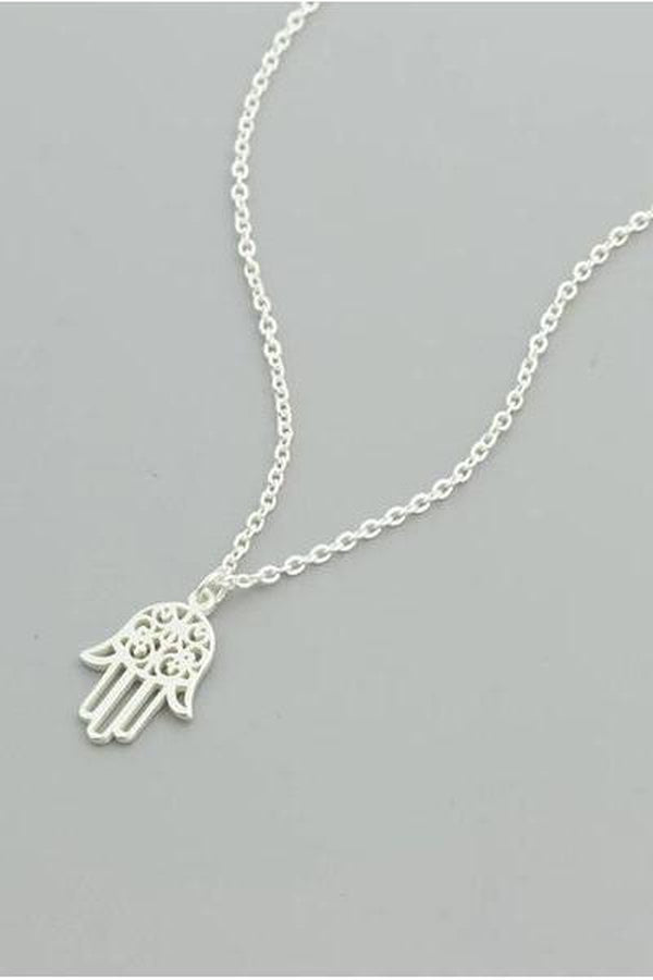 Dainty Hamza Hand Necklace, Silver Finish - Hayati London